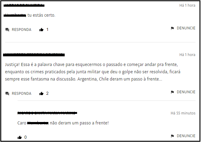 Exemplo de linha de comentários da Folha de São Paulo